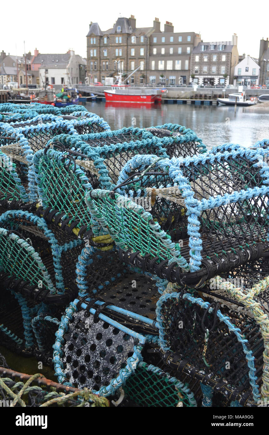 Crab creels in the fishing harbour of Kirkwall, capital of Orkney (Scotland) Stock Photo