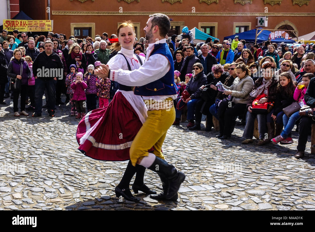 Polka dance Czech Republic, Czech Folk dancers, Czech folklore dance show Stock Photo