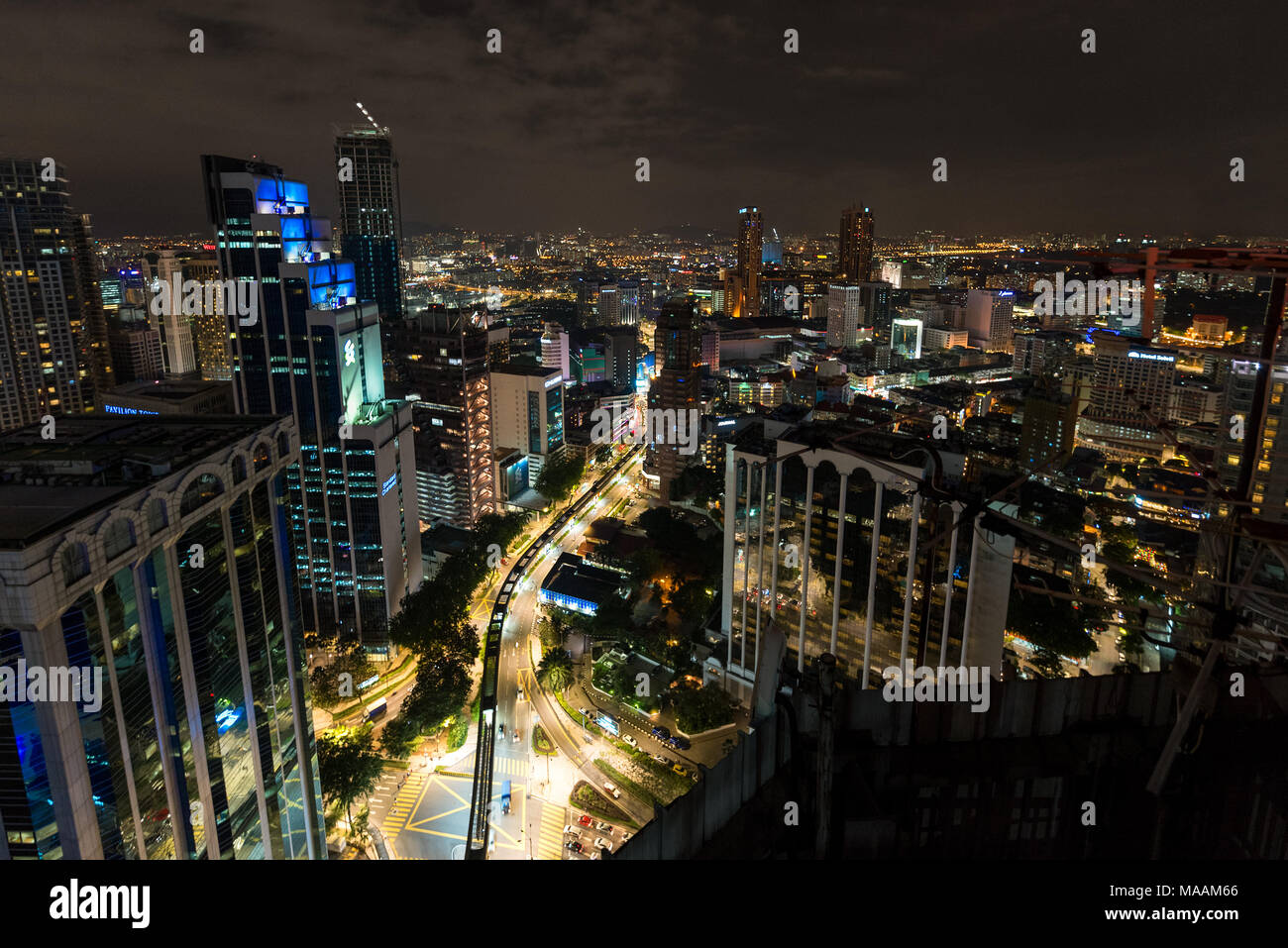 Night time High up view point view of the Bukit Bintang area of Kuala Lumpur, Malaysia. Stock Photo