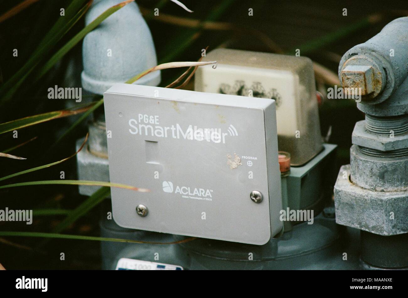 Close-up of a Pacific Gas and Electric smart natural gas meter, part of a smart grid technology program from the California based public utility, Dublin, California, January 17, 2017. () Stock Photo