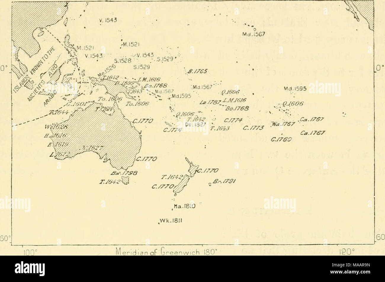 . The earth and its inhabitants .. . 100' M. 1521. Magellan, Guahan, Philippines. Me. 1526. Menezes, 2Cew Guinea. S. 1528. A. de Saavedi'a, Carolines. S. 1529. A. de Saavedra, Marshall. G. 1531. Guillaume le Testu, Australia. v. 1Ô43. Villalobos, Carolines, Ptlew. Md. 1567. Mendana, Ellice, Solomon, Sandwich. Md. 1595. Mendana, Marquesas, Sta. Cruz. Q. 1606. Queiros, Low Islands, Falcaofo, New Hébrides. T. 1606. Torres, Torres Straits, Lnuisiades. X/. M. 1616. Lemaire, yiua/u, 2ew Ireland. H. 1616. Hartog-, Endrachtsland. E. 1619. Edel, Edelsland. L. 1622. Leeuwlns, Leeuwinsland. N. 1627. Nuy Stock Photo