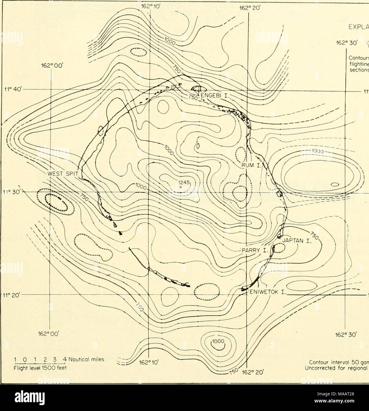 . The Earth beneath the sea : History . Contours showing flighliine inter- sections 11° 40' 11° 30' 11° 20 162° 20 Contour interval 50 gommos Uncorrected for regionol grodient Fig. 25. Magnetic map of Eniwetok. (After Keller et ah, 1954, fig. 7.) Keller et al. (1954) conclude that the anomalies observed across the Aleutian Trench are produced by susceptibility contrasts within the rocks of the sea floor and bear no direct relation to the trench. However, they could also arise from variations in the depth of the basement rocks under the sea floor. In the absence of information from other source Stock Photo