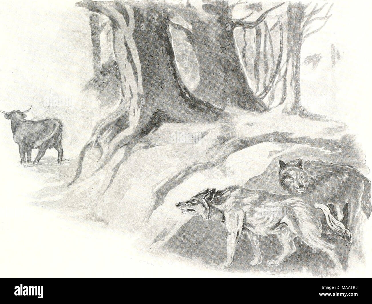 The early herdsmen . Big-crow caught sight of two wolves sneaking after a  cow No, exclaimed Many-dogs. She has a calf. We mustnt  kill the mother of a young calf. The