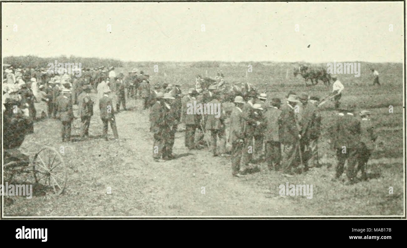 . Dry farming in western Canada . Fig. 62.—Typical Scene at a Plowing Match. the University of Saskatchewan wheat stubble was tilled in from sixteen to fifty different ways during each of five years and the average yields ranged from 11^ to 23^ bushels. In some seasons the range between the lowest and highest yield was 30 bushels per acre. As a result of carefully observing the climate and soil conditions and of keeping an accurate record of the be- havior and yield of the crops in seasons of different character during a period of nine years, we have learned that many unfavorable conditions in Stock Photo
