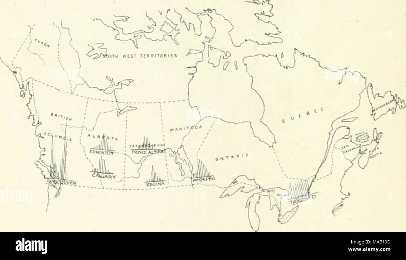 . Dry farming in western Canada . Fig. 7.—Monthly Distribution of Precipitation in Canada. Note relatively heavy rainfall in the summer months in the Prairie Pro- vinces as compared with low precipitation at Vancouver fur the same months and tho average distribution throughout the year at Toronto. the moisture supply available for crops. The propor- tion that falls in the season the crop is growing is of far greater importance than the annua] amount. Tho following table gives the average precipitation per month for several years at a number of points. Stock Photo