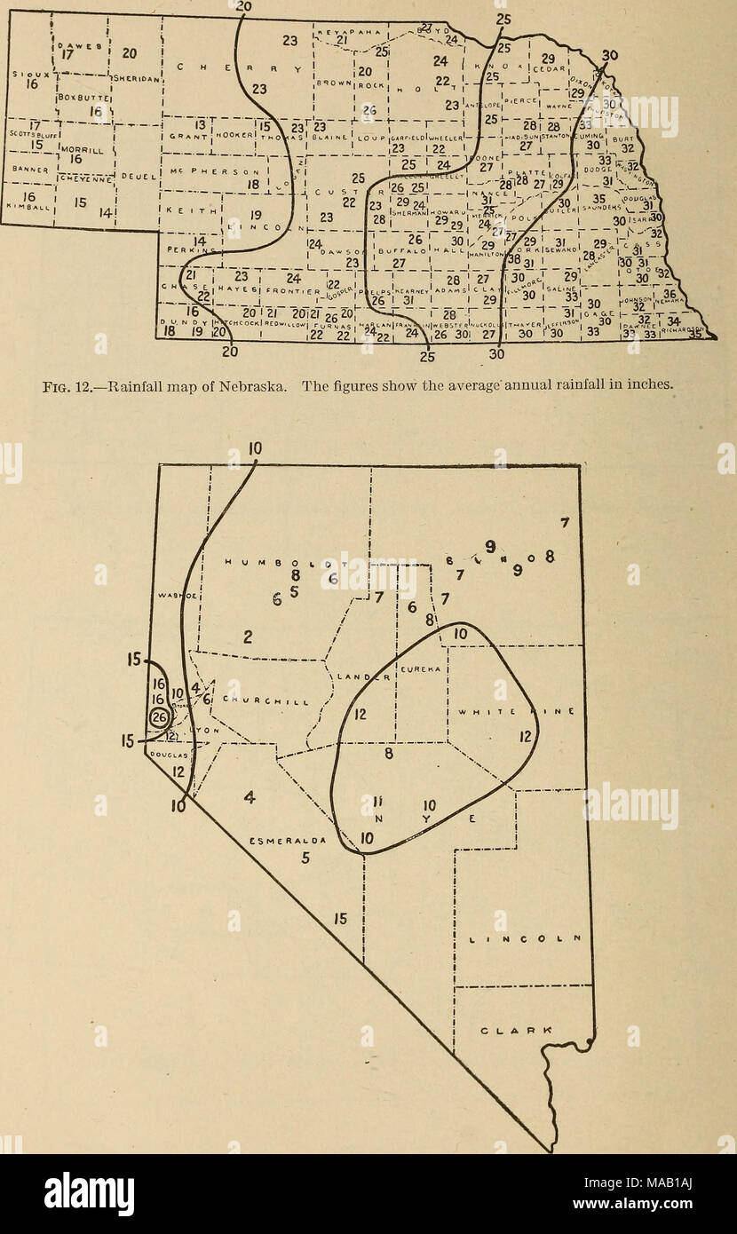 . Dry farming in relation to rainfall and evaporation . Fig. 13.—Rainfall map of Nevada. The figures show the average annual rainfall in inches. 188 Stock Photo
