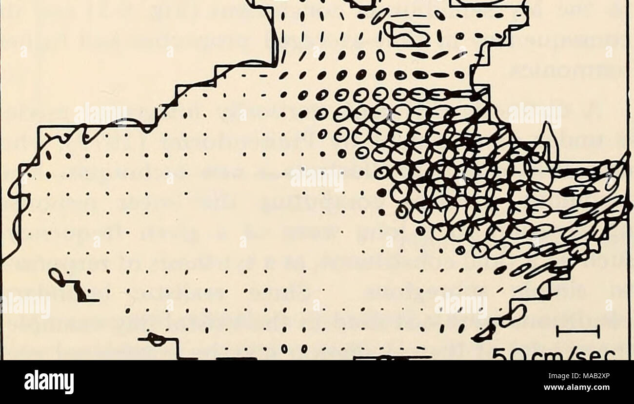 . The Eastern Bering Sea Shelf : oceanography and resources / edited by Donald W. Hood and John A. Calder . :^2^ 50 cm/sec Figure 8-2. Charts of (a) coamplitude (cm), (b) cophase (Greenwich lag in degrees), and (c) tidal current ellipses (cm/sec; radial line within each ellipse represents the tidal velocity at Greenwich transit) from the vertically integrated model by Siinderman (1977) of the M, tide in the Bering Sea. For the finite-difference model: the grid size is 75 km; the time step is 223.5 sec; the bottom drag coefficient is 0.003; and the lateral viscosity is lO' cm^ /sec. The numbers Stock Photo