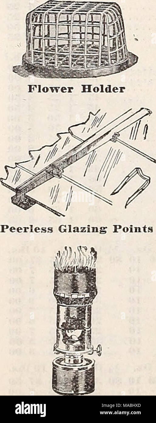 . Dreer's wholesale price list for florists : flower seeds plants and bulbs vegetable and lawn grass seeds sundries . Fumigating Lamp 1 25 1 30 75 PRICES—The prices in this catalogue are those in changes. MAIL, SHIP3IEIVTS—Provided postage is remitted Authorities will be mailed. Aprons. To protect the clothing while doing any work about the garden, the greenhouse, or garage. Rubber, heavy, 48 inches long Canvas, 42 inches long Axes. The &quot;Kelly Perfect&quot; is the equal of the best axe to be had, beveled blade, 34-inch handle, weight 3 pounds. Each Bull Dog Clips. For fastening packages.  Stock Photo