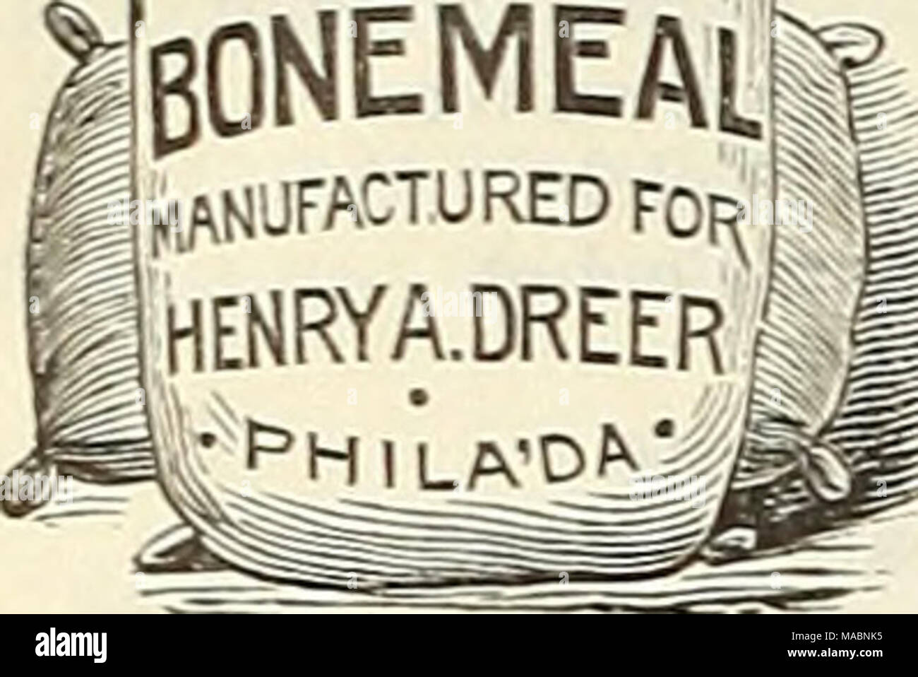 . Dreer's quarterly wholesale price list of seeds, plants &amp;c. : spring edition April 1895 June . DREER'S AMMONIATED BONE PHOSPHATE. A valuable fertilizer for the garden and farm, made from pure materials, and certain to give satisfactory results. Per sack of 200 lbs., $3.00 ; per ton, $27.00. CLAY'S FERTILIZER. Highly recommended for all purposes in the vegetable, fruit and flower garden, specially adapted in rose forcing. In sacks as im- ported, } cwt. $2.00 ; I cwt. $3.50 ; 1 cwt. $6.25. ^CANADA UNLEACHED HARDWOOD ASHES. Per bbl. (about 250 lbs.), $2.50 : per ton, $18.00. (CRUSHED BONE.  Stock Photo