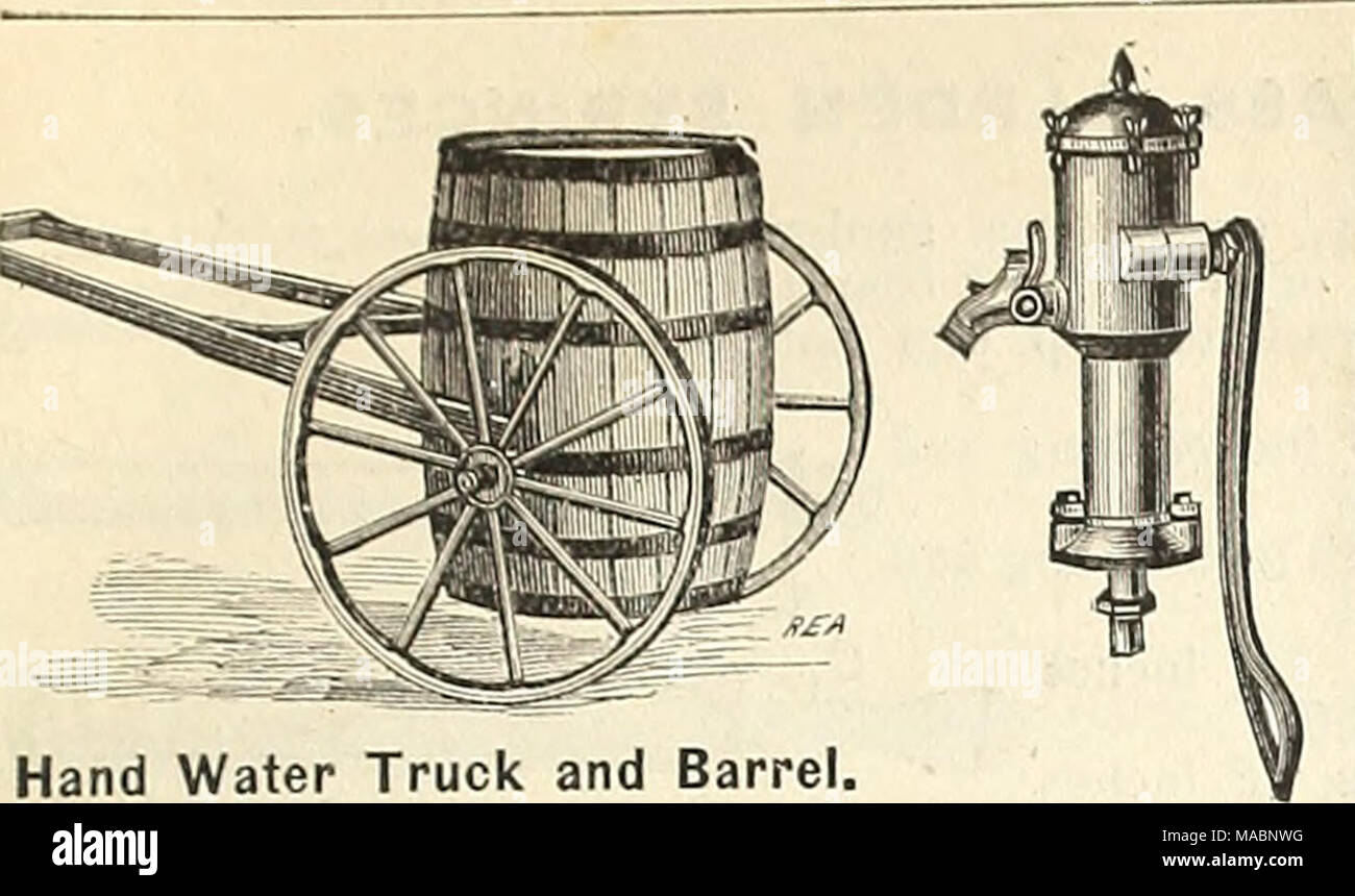 . Dreer's quarterly wholesale list for florists and market gardeners . Hand Water Truck and Barrel. An indispensable article for farmer and garden- ers who have water to carry. The weight is raised easily and balanced over the axle, so that no lifting or down pressure is needed in moving it. Also has a sprinkling attachment. Water Truck and Barrel, H inch tires, - $ 9.50 &quot; &quot; &quot; 2| inch tires, - 11.00 &quot; â &quot; &quot; 4 inch tires, - 12.00 Sprinkliner attachment, extra, - - 3.00 Box for carrying earth, etc., extra, - 3.25 Force Pump, extra, - - - 6.00 Eureka Funiigator. Self Stock Photo