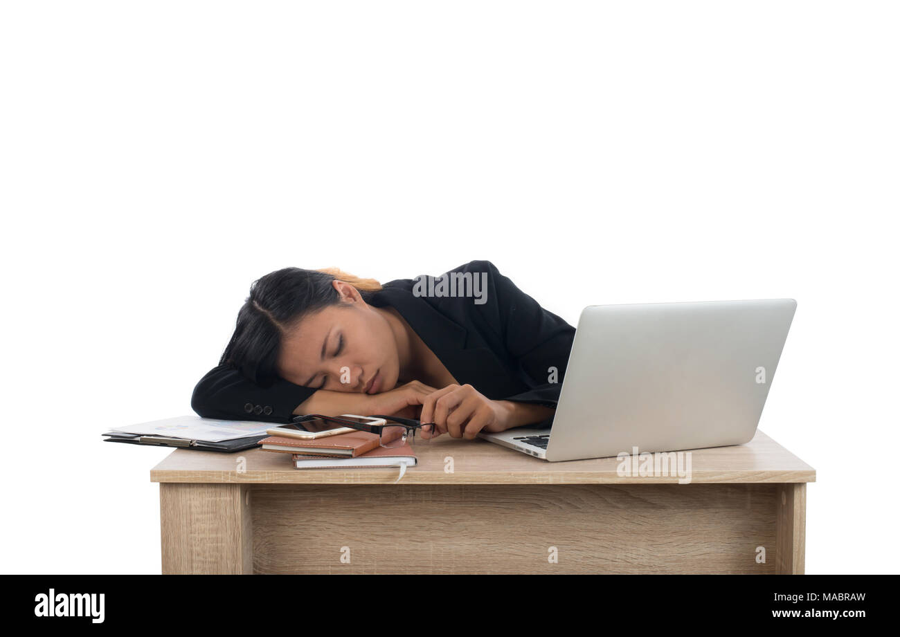Young Business Woman Tired With Her Work Fall Asleep At Her Desk