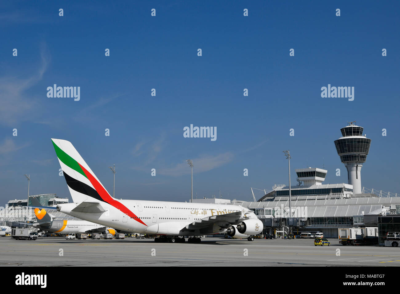 Emirates, Airbus, A380, A380-800, 800, Position, clearance, Landing, View, Travel, Trip, Flight, Terminal 1, Tower, Roll, Munich, Airport, MUC, Stock Photo