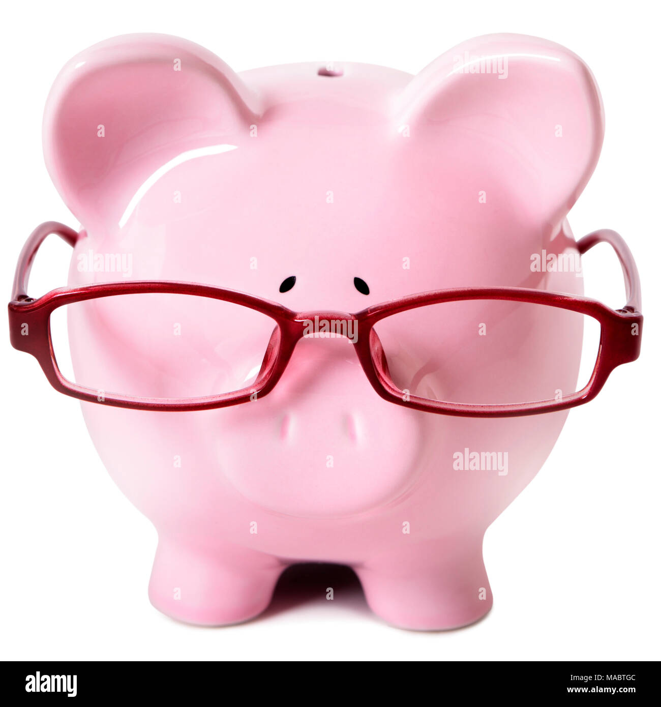 Pink piggy bank wearing glasses isolated on a white background Stock ...