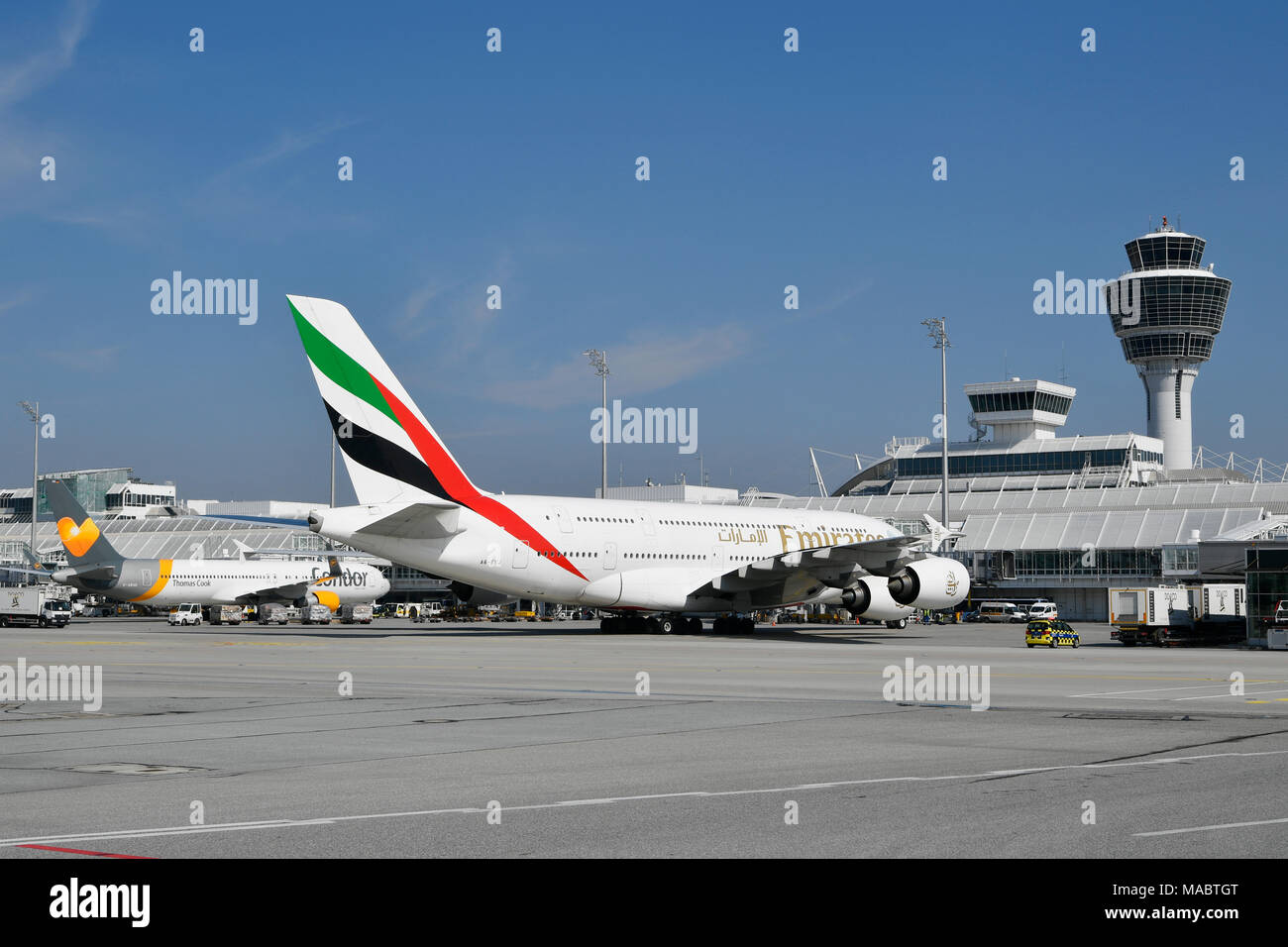 Emirates, Airbus, A380, A380-800, 800, Position, clearance, Landing, View, Travel, Trip, Flight, Terminal 1, Tower, Roll, Munich, Airport, MUC, Stock Photo