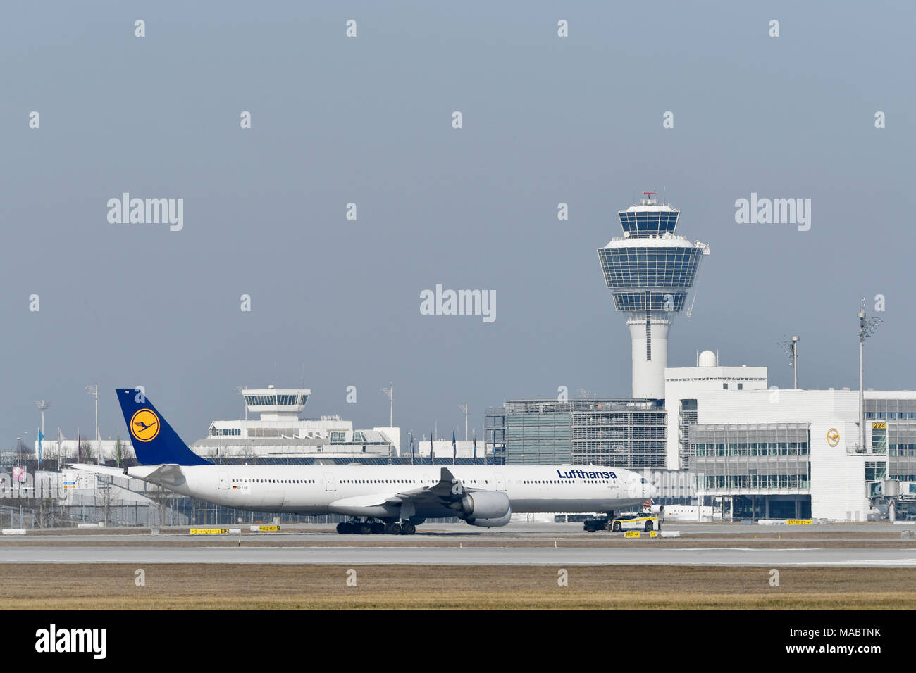 Lufthansa, Airbus, A340, 600, A340-600, Push Back Truck, pushing, Roll In, Landing, Position, clearance, View, Terminal 2, Tower, Munich, Airport, MUC Stock Photo