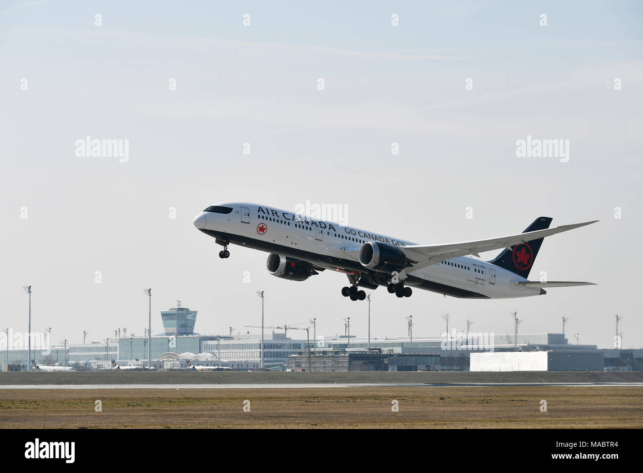 Air Canada, Boeing, B787, B787-9, B787-900, 900, 9, Dreamliner, Dream, Liner, Take Of, Start, Runway, Tower, Terminal 2, Satellit, Munich, Airport, Stock Photo