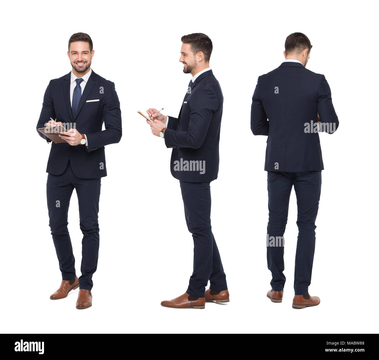 Young caucasian businessman with clipboard front back side view, isolated on white Stock Photo