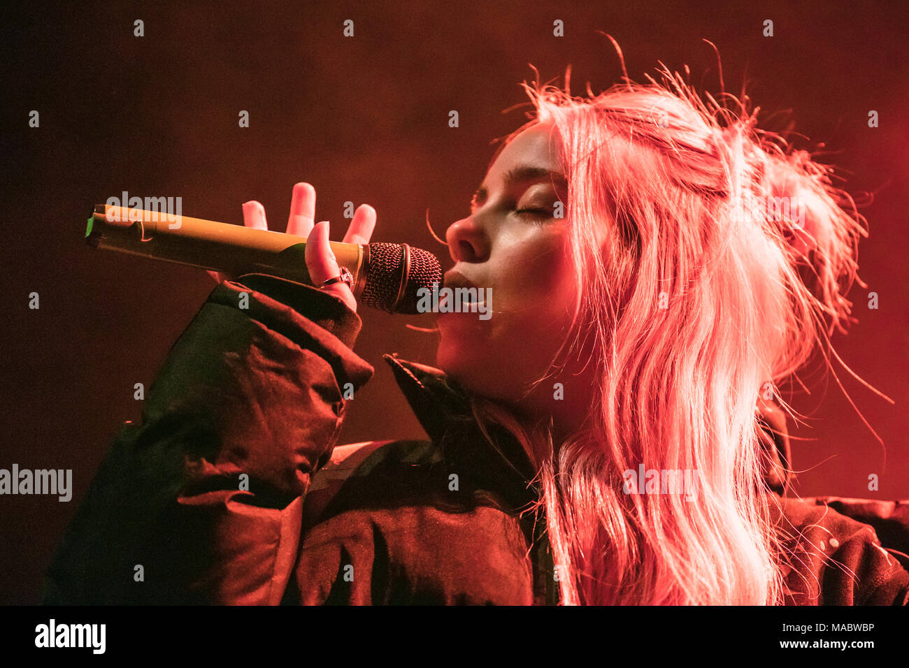 Norway, Oslo - March 1, 2018. The American singer and songwriter Billie Eilish performs a live concert at Sentrum Scene during the Norwegian showcase festival and music conference By Larm 2018 in Oslo. (Photo credit: Gonzales Photo - Stian S. Moller). Stock Photo
