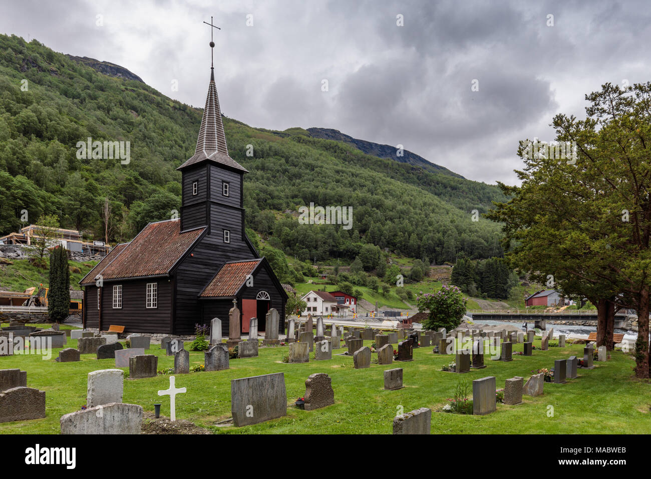 Flam church dating from 1670, and Flamsdalen Valley River, Flam, Sognefjorden, Western Fjords, Norway Stock Photo