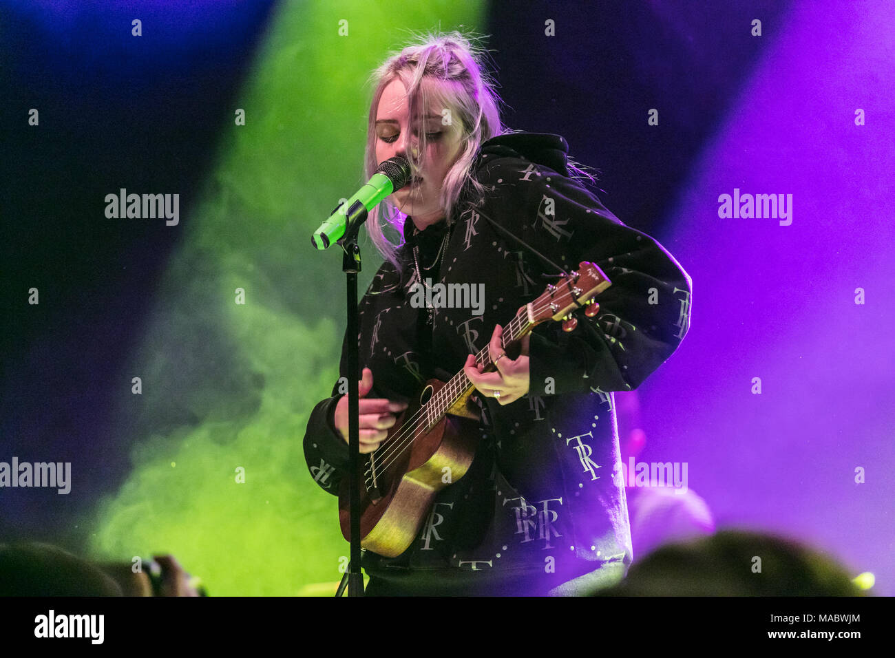 Norway, Oslo - March 1, 2018. The American singer and songwriter Billie Eilish performs a live concert at Sentrum Scene during the Norwegian showcase festival and music conference By Larm 2018 in Oslo. (Photo credit: Gonzales Photo - Stian S. Moller). Stock Photo