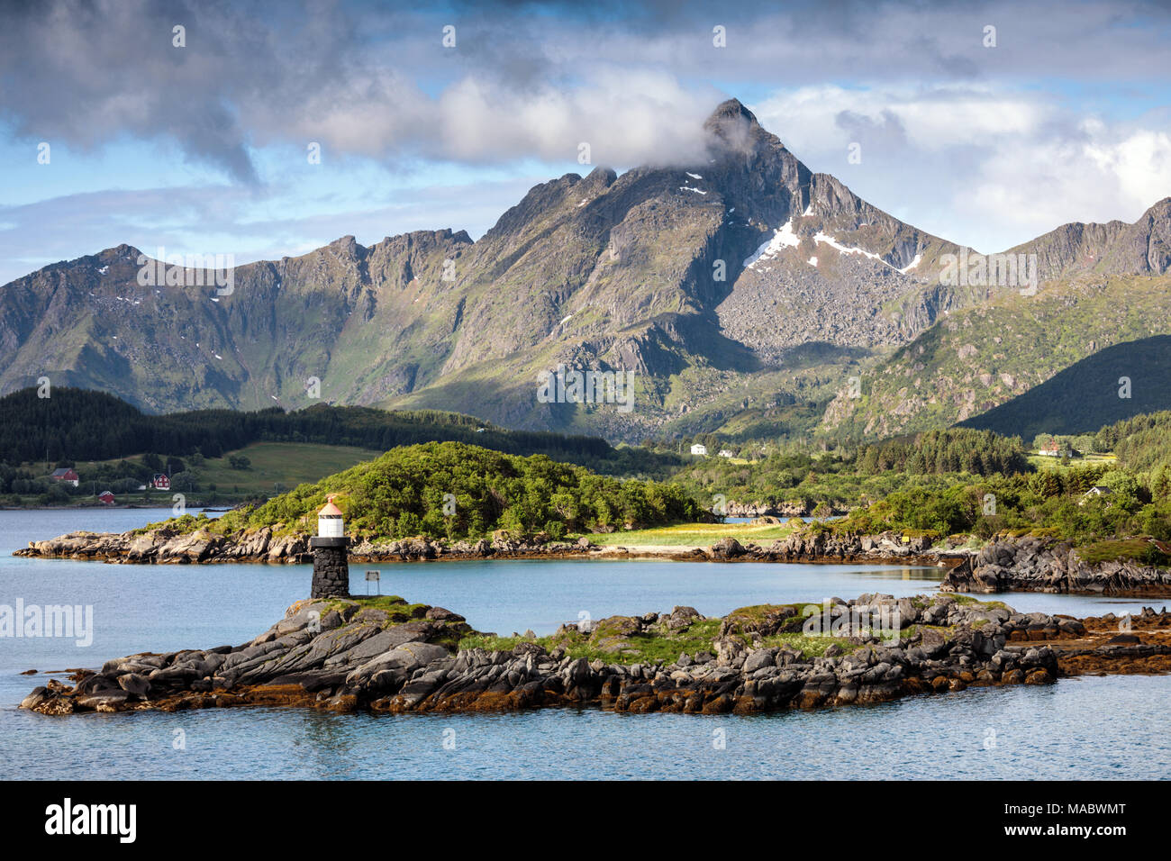 Gravdal Lighthouse, Lofoten Islands, Nordland County, Norway, Scandinavia Stock Photo