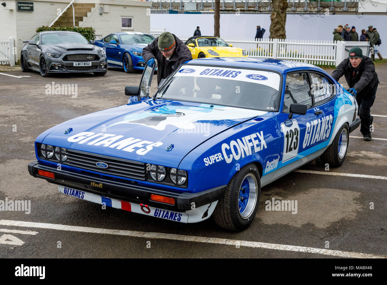 1978 Ford Capri MkIII 3.0s of Wood / Minassian in the paddock before the Gerry Marshall Trophy race at Goodwood 76th Members Meeting, Sussex, UK. Stock Photo