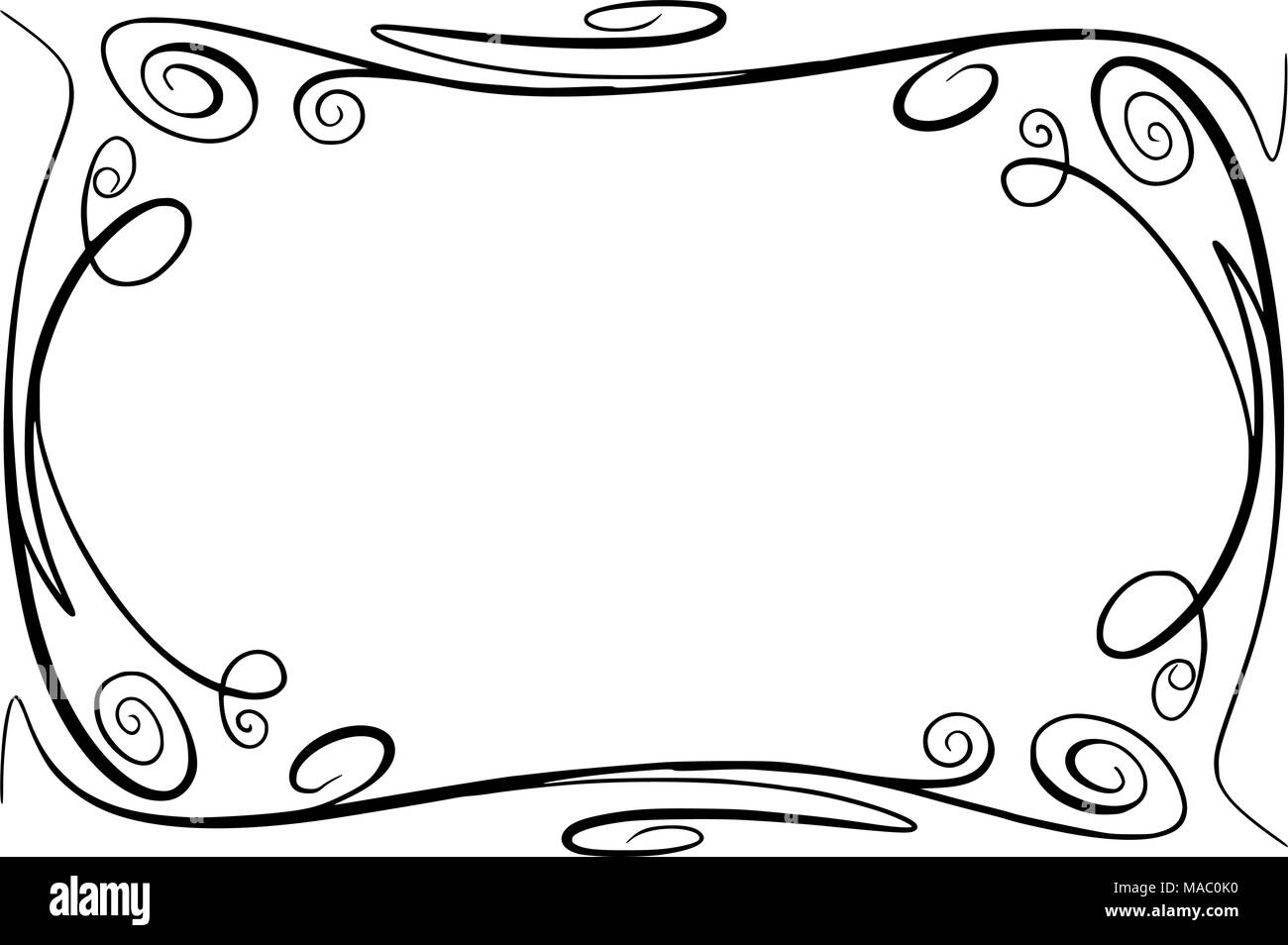 Flourish Vector Frame. Rectangle with squiggles, twirls and embellishments for image and text elements. Hand drawn black highlighting curlicue border isolated on the white background. Doodle effect. Pencil marks. Cartoon style. Geometric shapes for your design. Sketch look Stock Vector