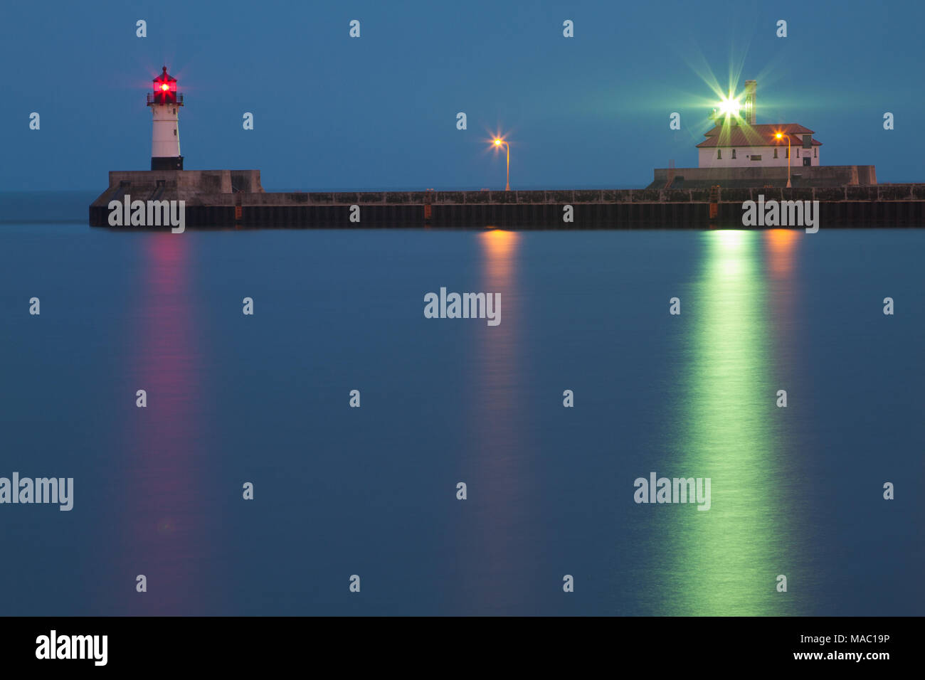 South Breakwater Lighthouse at Night, Duluth, Minnesota, USA Stock Photo