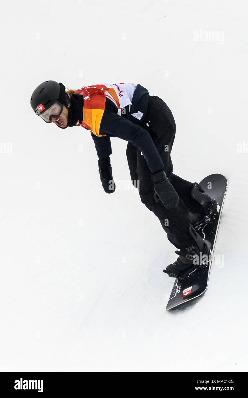 Patrick Burgener (SUI) competing in the Men's Snowboarding Half Pipe