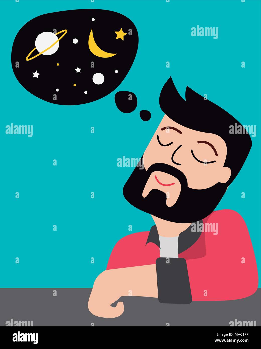 Hand drawn vector illustration or drawing of a cartoon man imagining the outer space Stock Vector