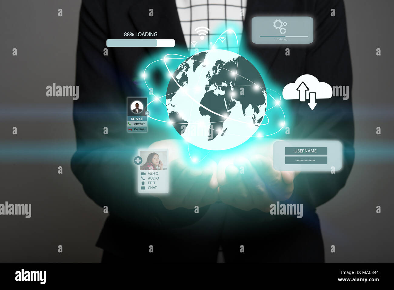 Business woman with icons media network connection. Business hi ...