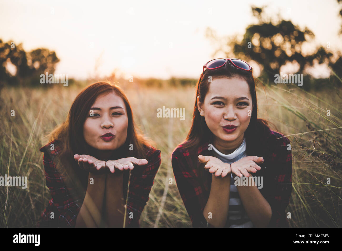 Blowing Kiss Two Pretty Girls Best Friends Having Fun Relaxing On