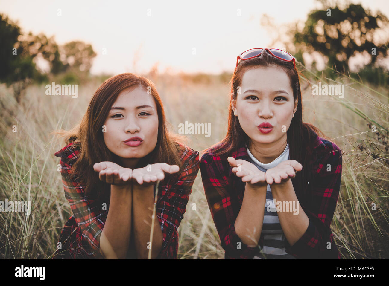 Blowing Kiss Two Pretty Girls Best Friends Having Fun Relaxing On