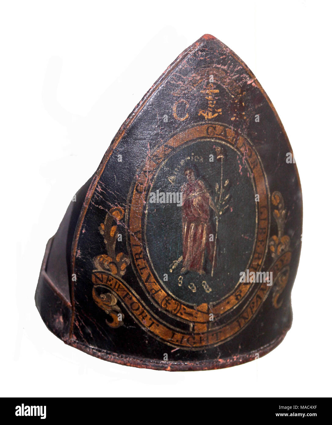 American Revolution . Painted leather soldier's cap of the Newport Light Infantry of Rhode Island . Smithsonian Institute Stock Photo