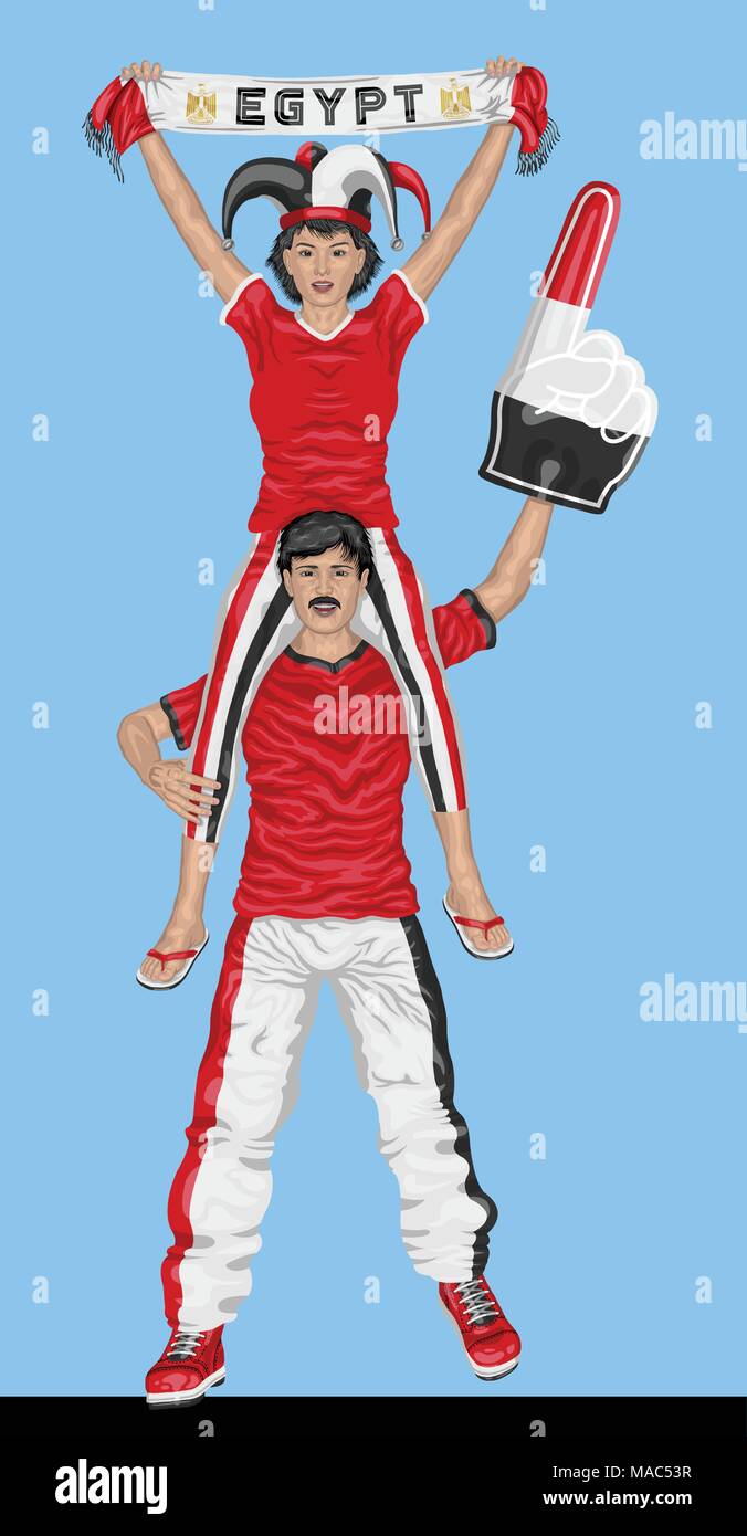 Egyptian Fans Supporting Egypt Team with Scarf and Foam Finger. All the objects are in different layers and the text types do not need any font. Stock Vector