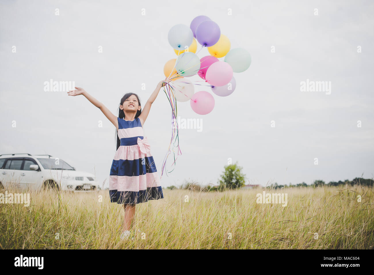 Little girl playing with balloons on meadows field Stock Photo - Alamy