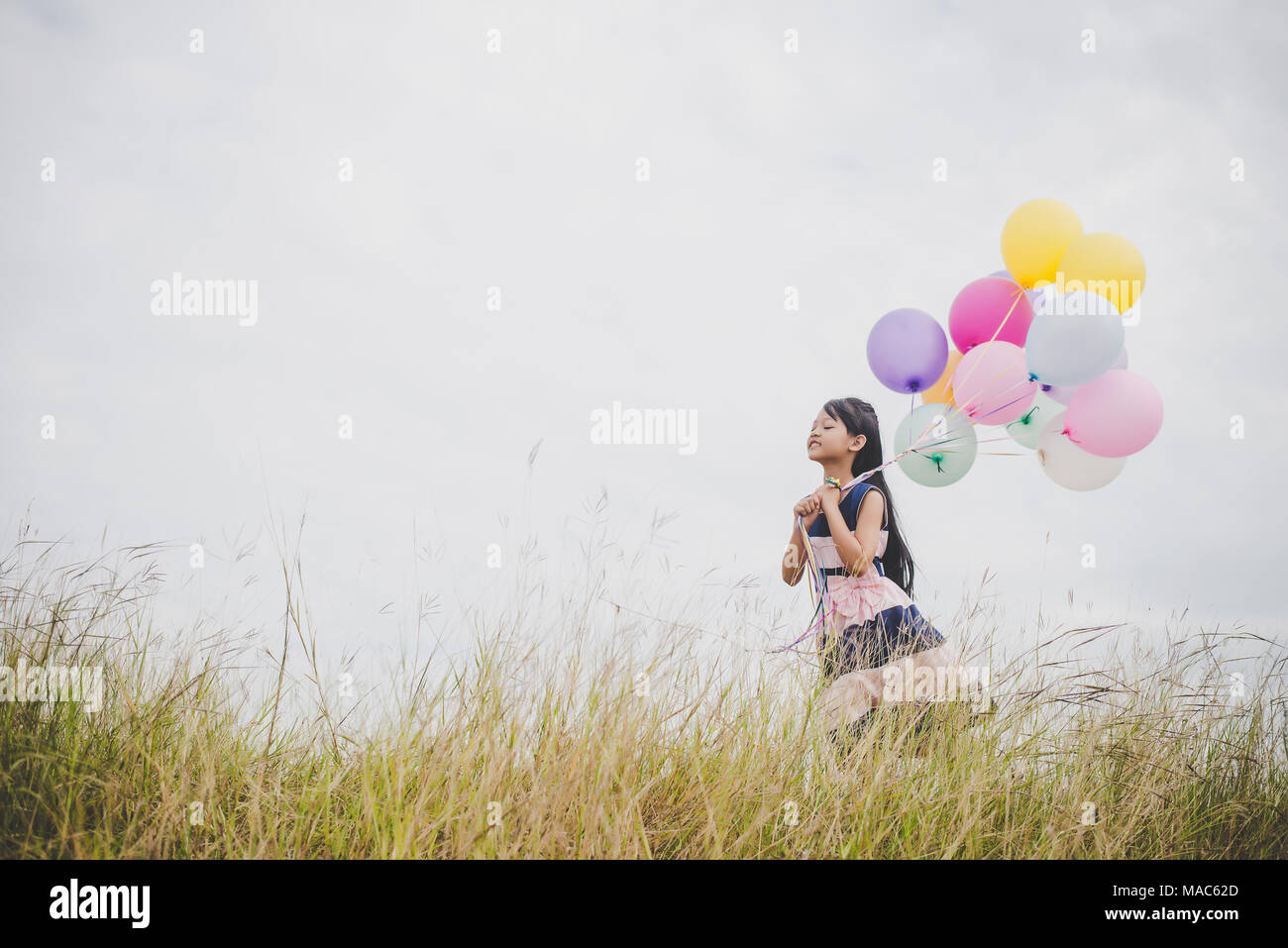 Little girl playing with balloons on meadows field Stock Photo - Alamy