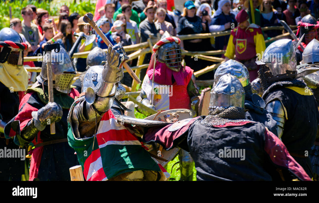 Chynadiyovo, Ukraine - May 27, 2017: medieval culture festival Silver Tatosh. Location St. Miklos Castle. Knight participants show their skills in fig Stock Photo