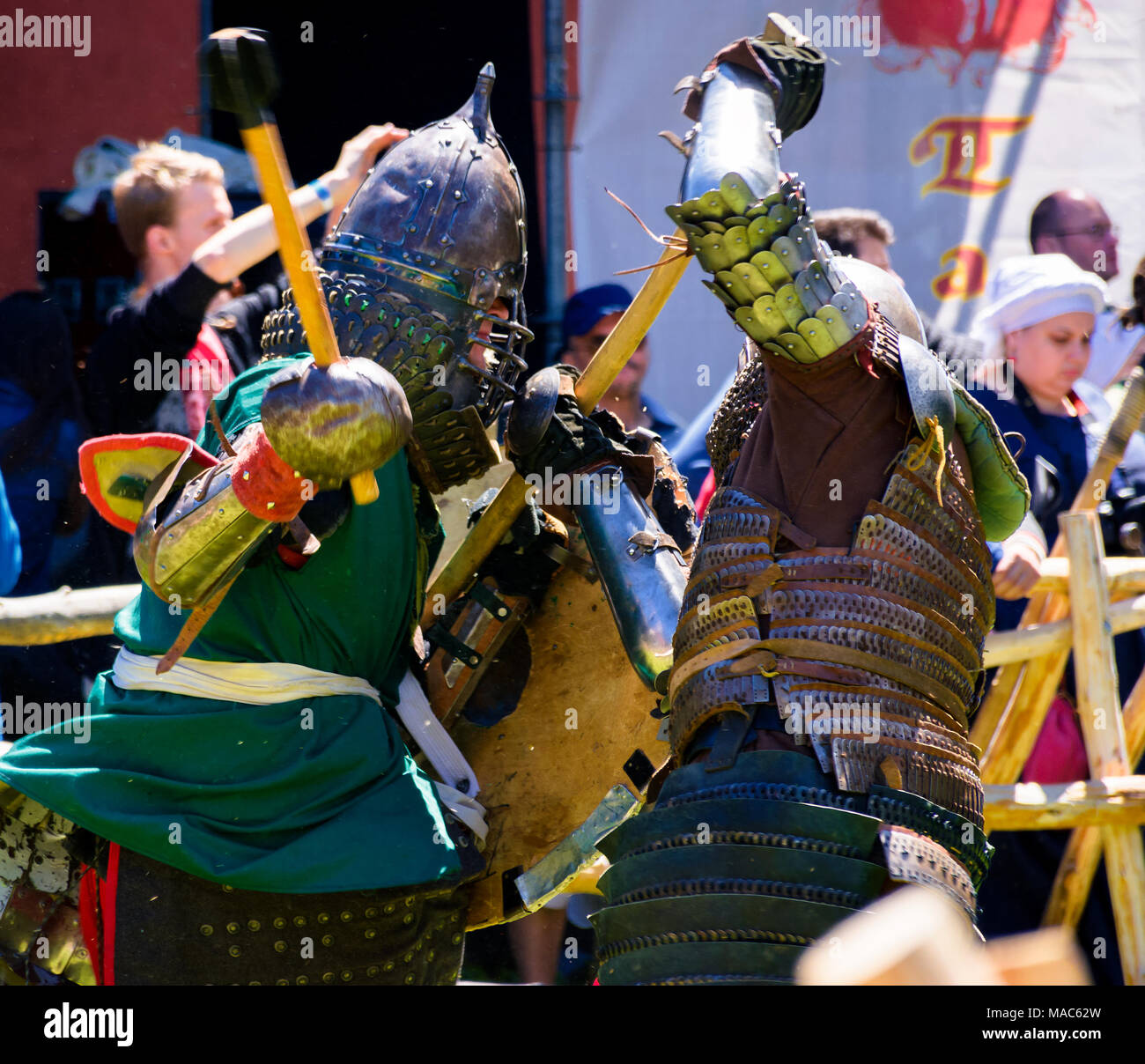 Chynadiyovo, Ukraine - May 27, 2017: medieval culture festival Silver Tatosh. Location St. Miklos Castle. Knight participants show their skills in fig Stock Photo