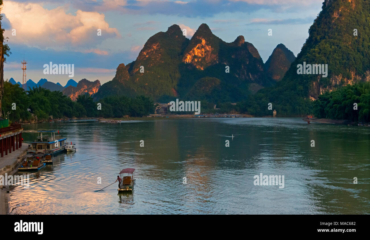 Bamboo raft on Li River with karst hills, Xingping, Yangshuo, Guangxi, China Stock Photo