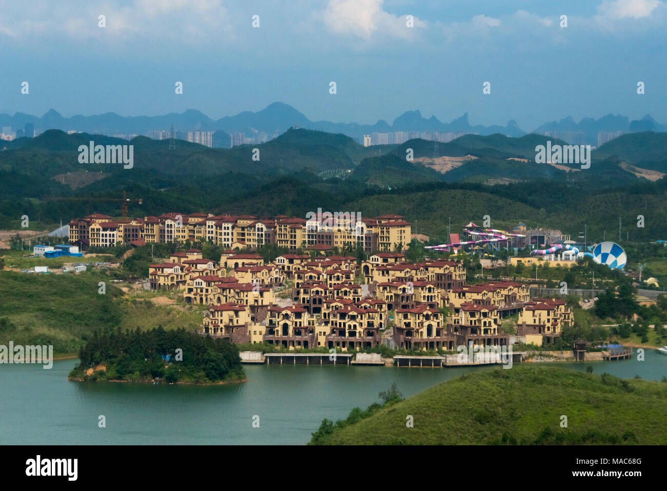 Aerial view of new development by Li River, Guilin, Guangxi, China Stock Photo