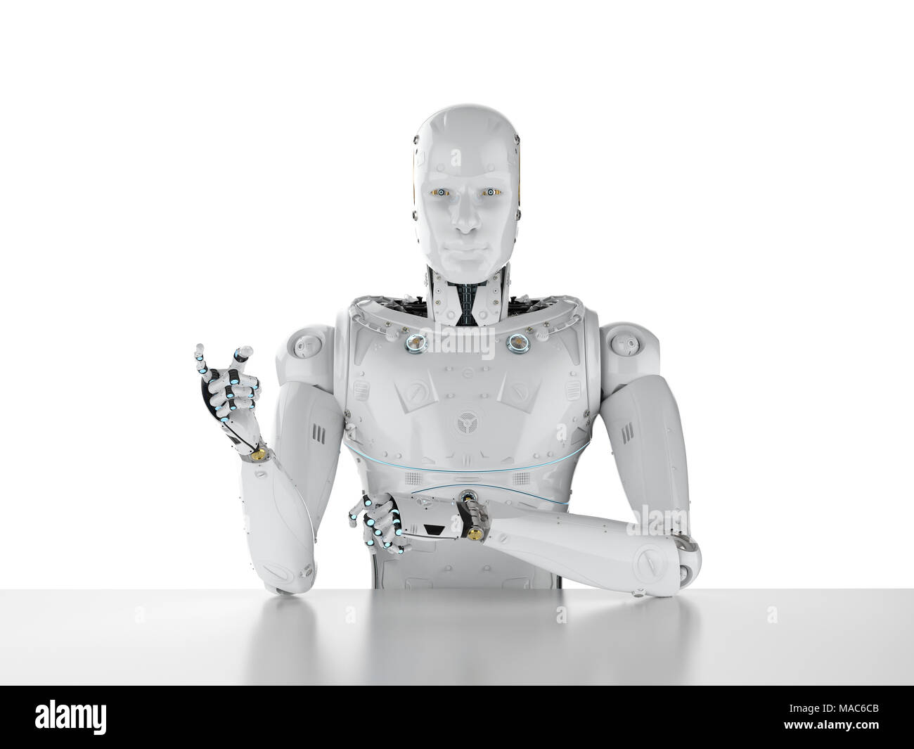 3d rendering humanoid robot sitting behind table on white background Stock  Photo - Alamy