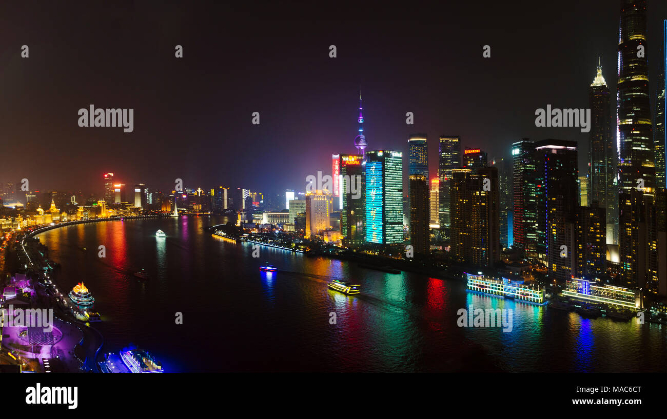 Night view of high rises by Huangpu River, Pudong, Shanghai, China Stock Photo