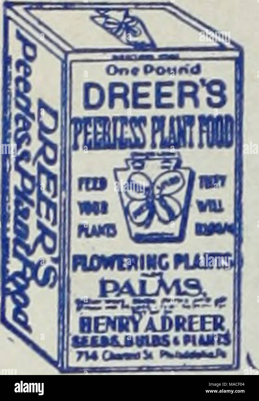 . Dreer's wholesale price list / Henry A. Dreer. . Dreer's Peerless Plant Food, i lb. Coarse Bone. 200 lbs., $4.00; ton, ;833.oo. boxes, 15 cts. each ; gl.50 per doz.; $12.00 Button Bone. 200 lbs., $3.50; ton, $30.00. per 100; retails at 25 cts. Pulverized Sheep Manure. Only one brand, the be.st. Dreer s Peerless Lawn and Garden . 100 lb. sack, $2.00; ton, $32.00. Dressing. 25 lbs. 75 cts.; 100 lbs. $2.50 ; Nitrate of Soda. 50 lbs., 51.75 ; 100 lbs., 200 lbs. $4.50 ; ton, $45.00. $5-SO; prices for large lots on application. Pure Bone Meal. loolbs., $2.00 ; 2oo-lb. Clay's Fertilizer. In origina Stock Photo