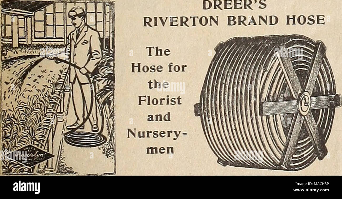 . Dreer's wholesale price list : bulbs for florists plants for florists flower seeds for florists florists' requisites . DREER'S SHREDDED CATTLE MANURE 100 lbs S3 25 500 lbs 14 50 1000 lbs $26 00 2000 lbs £0 00 This hose can be furnished in continuous lengths up to 600 feet without seam or joint. Will withstand 50 per cent more pressure than the old style hose. Couplings suppHed with 26 foot lengths and over. The &quot; RlVERTON &quot; is guaranteed, and is the best hc^e for florists' use. Will not kink, will not harden or become brittle. It is utterly impossible for it to open or unwrap. See  Stock Photo