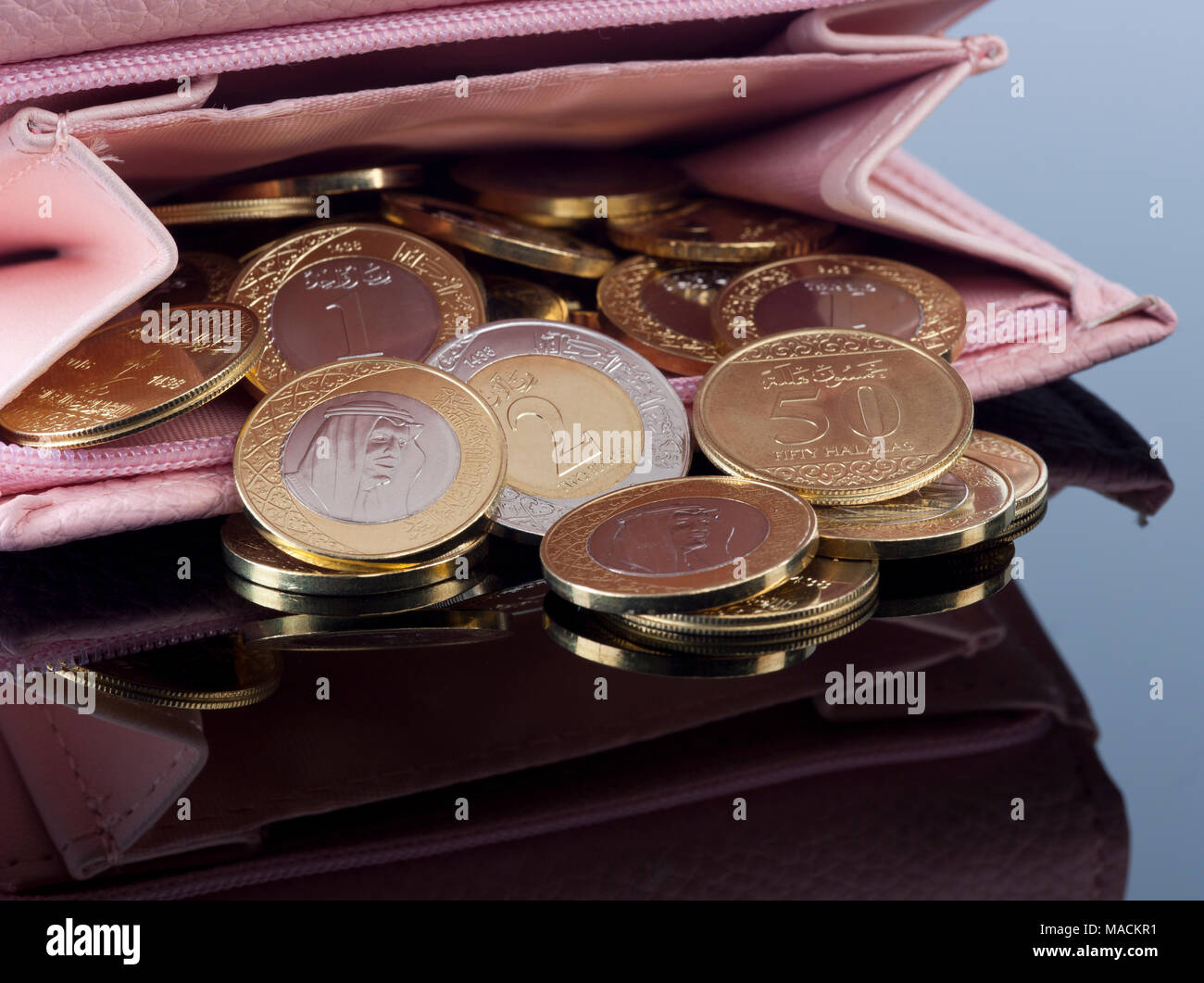 Purse, Open with Saudi Riyal Coins Stock Photo