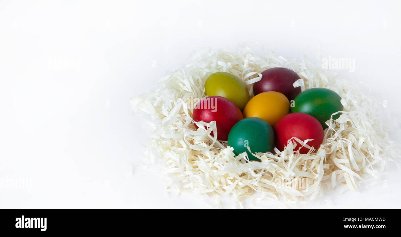 Colored easter eggs isolated on white background, place for text. Stock Photo