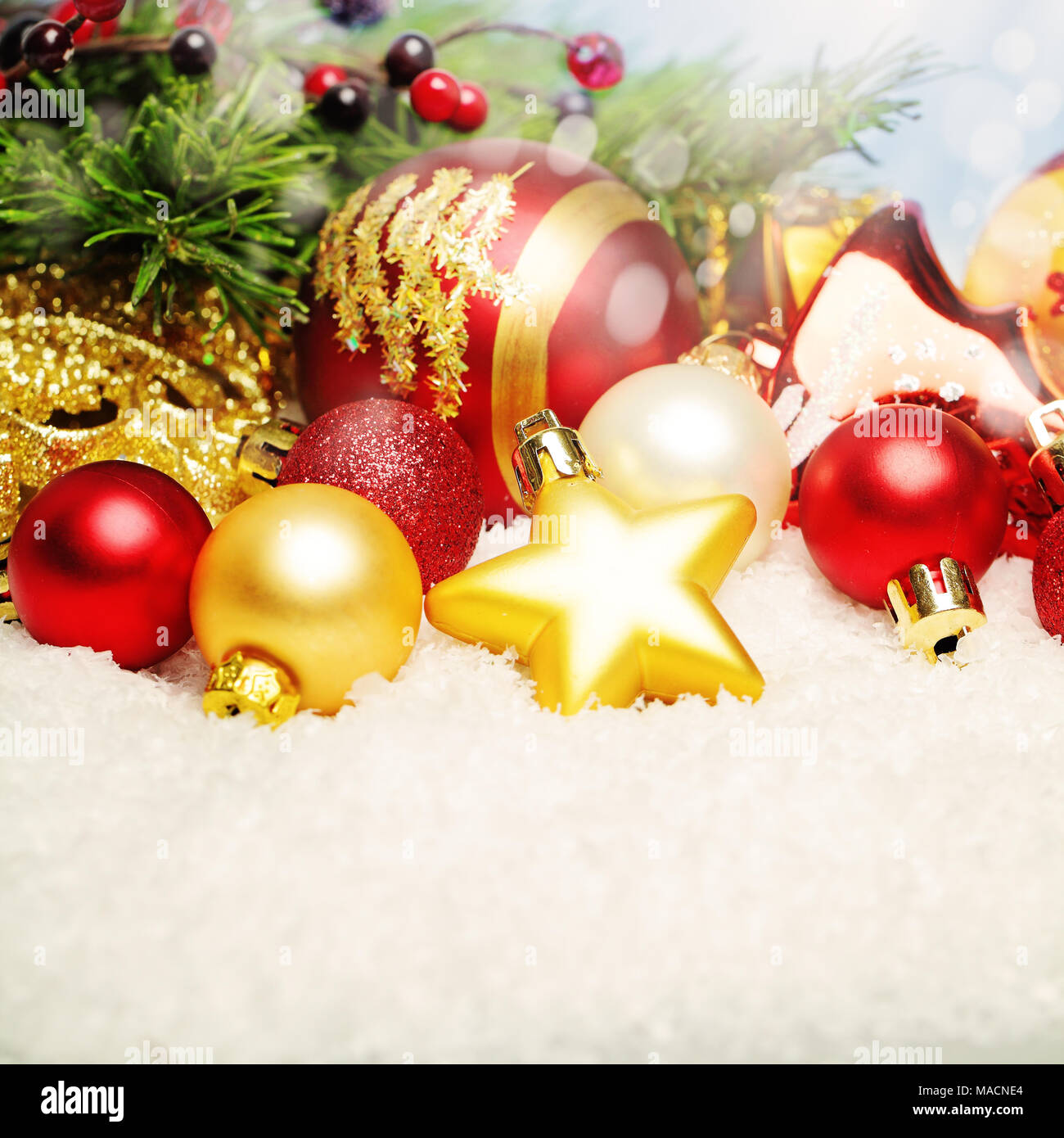 Christmas Decor on White Snow. Bright Xmas Card Background with Copy Space  Stock Photo - Alamy, image size:1300x1390