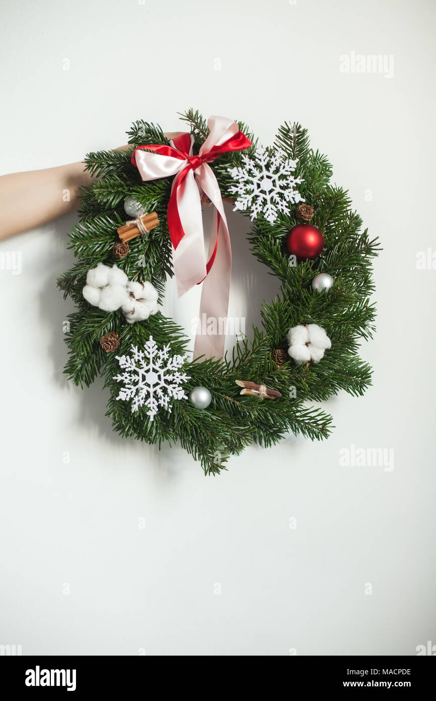 Christmas Wreath with Xmas Tree, Glass Balls and Snowflake Stock Photo