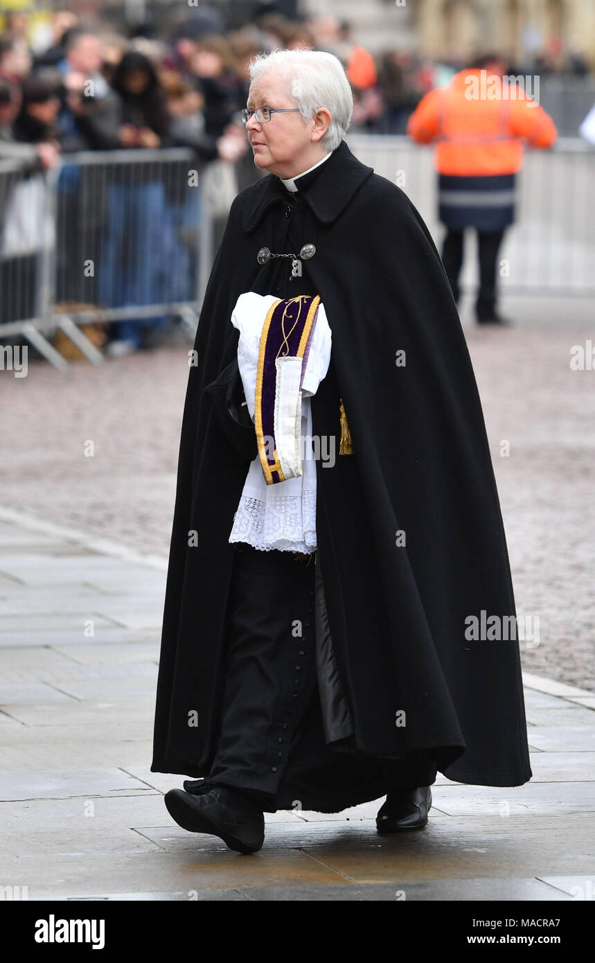 Reverend Dr Cally Hammond, Dean of Cambridge University's Gonville and Caius College, where the late Prof Hawking was a fellow for 52 years, who will officiate at his funeral service, arrives at the University Church of St Mary the Great in Cambridge. Stock Photo